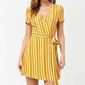 Deep V striped wrap dress